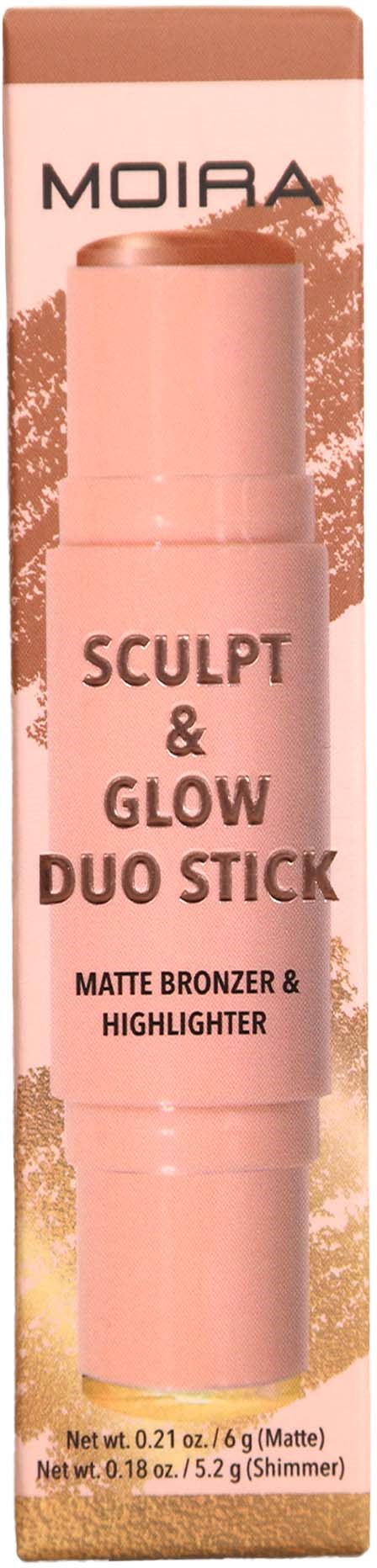 A pink tube labeled 'Sculpt & Glow Duo Stick' for matte bronzer and highlighter. Brand is Moira.