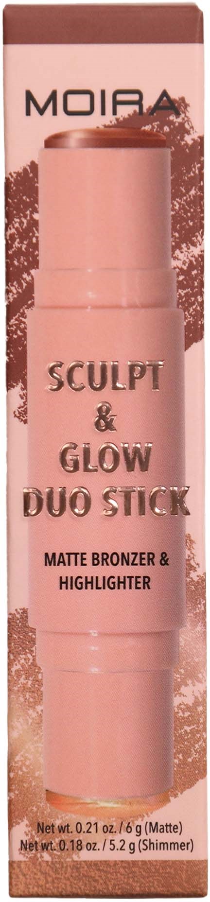 A pink cosmetic stick with the label 'Sculpt & Glow Duo Stick' for bronzer and highlighter.