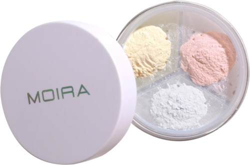 A white round container with three different pastel-colored powders inside, labeled "MOIRA" on the lid.
