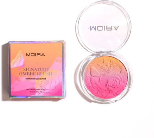 Kleurrijk compacts met roze en gele tinten, vlinder en bloemontwerp, van Moira Signature Ombre Blush.
