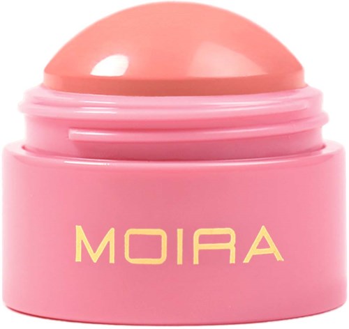Pinkes Kosmetikbehälter mit gelbem Text 'MOIRA' und einer runden Abdeckung.