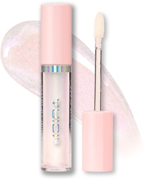 Helder lipgloss in een roze tube met een applicator, glanzende afwerking en holografische details op de tube.