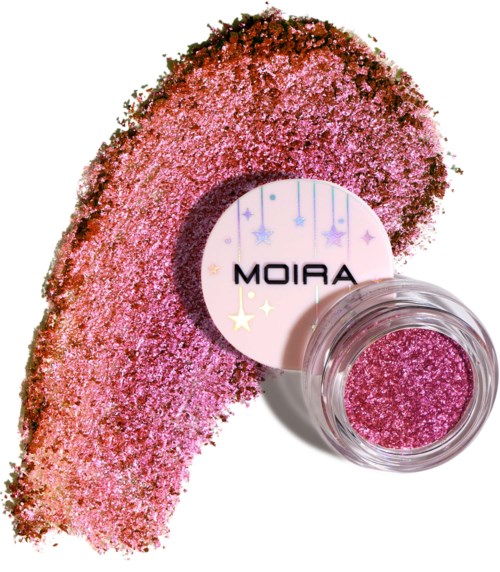 Pink glitter eyeshadow with a container and a product card labeled 'MOIRA' with stars, on a white background.