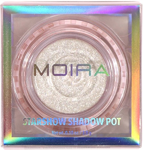 A shiny, round, white eyeshadow in a pink container with a clear lid, labeled 'Starshow Shadow Pot' and 'Moira'.