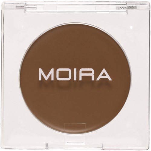 En brun kompakt med varumärket MOIRA på, i ett klart plastfodral.