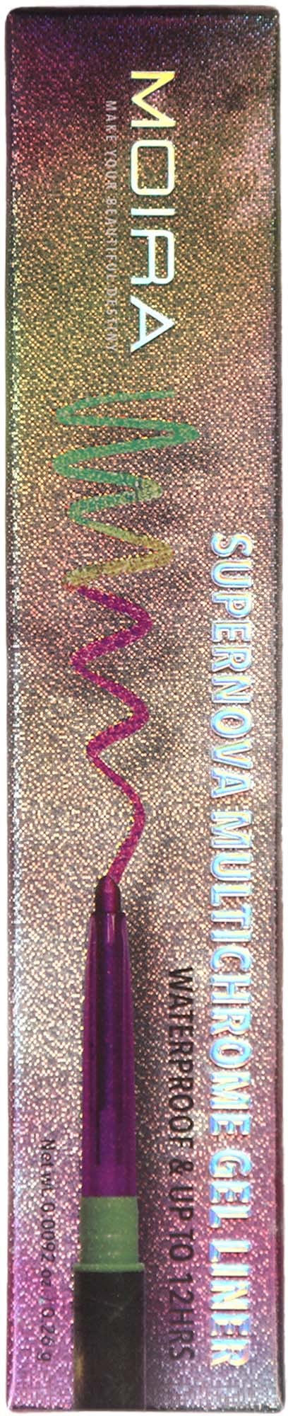 Eine lange Schachtel mit buntem, glitzerndem Hintergrund. Darin ein lila Pinsel mit blauen, rosa und grünen Linien. Text enthält 'MORRA' und 'SUPERSONIC MULTI-COLOUR EYELINER.'
