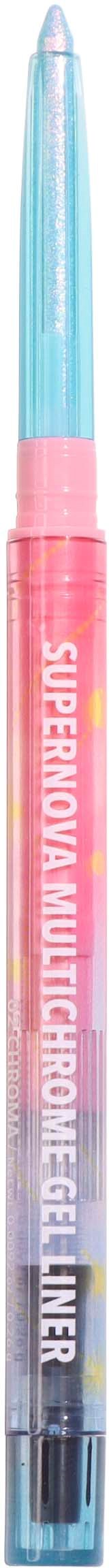 Een doorzichtige gelpen met zichtbaar roze, blauwe en zwarte inkt, gemerkt "Supernova Multicrome Gel".