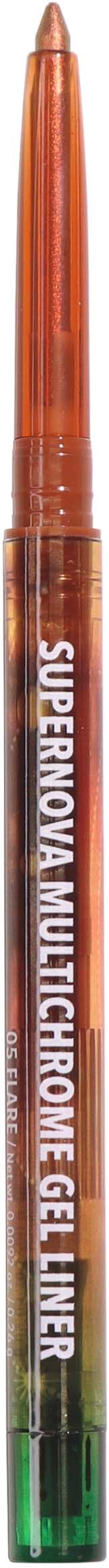 Ein mehrfarbiger Marker mit transparentem Gehäuse, beschriftet "Supernova Multichrome Gel Liner."