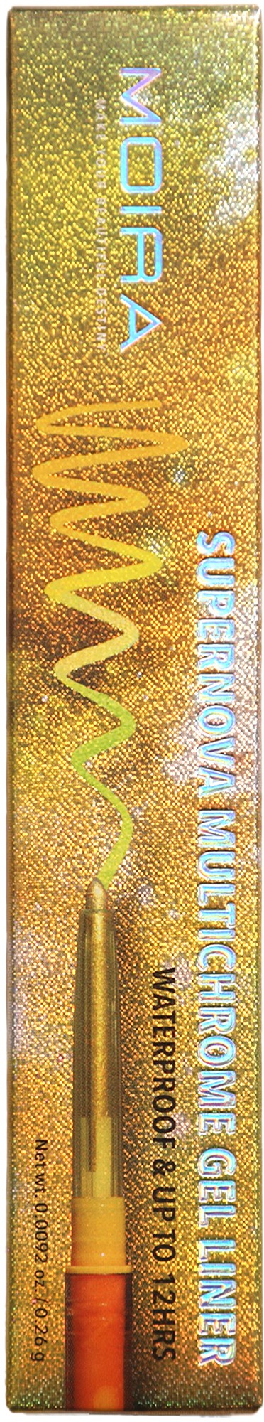 A long, shiny box with gold, green, and orange colors. It has text about a microwave wave defroster and oven.