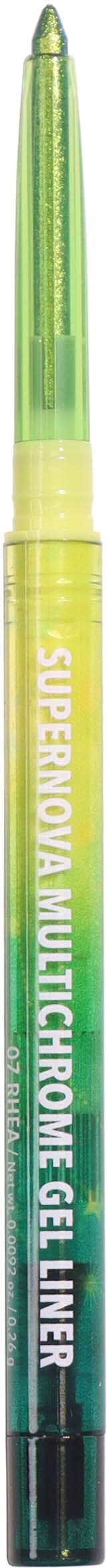 A yellow-green highlighter pen with green ink, labeled "Supernova Multicrome Gel Liner."