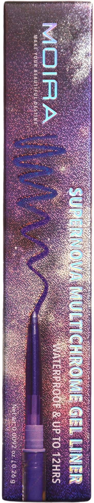 A box contains a cosmetic product called 'Moira,' an eyelash lift and tint kit, with a purple and silver design.