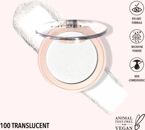 Ett kompakt, genomskinligt puder med ögonsäkert, microskuret, icke-komedogent, veganskt och testfritt.