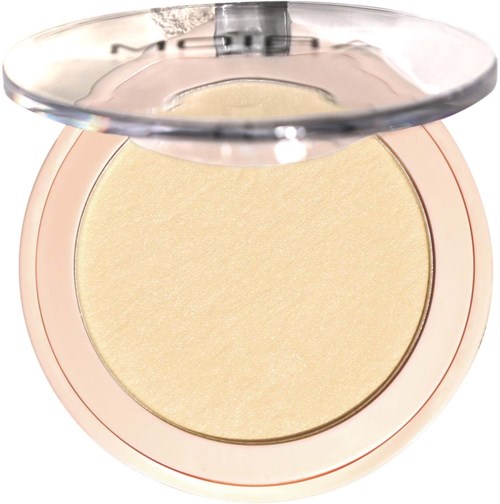 En rund, beige ansiktspuder i en rosa compact med ett tydligt lock.