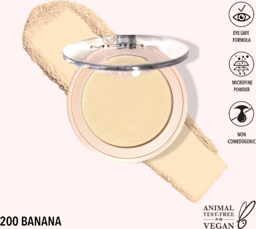 Rund makeup-kompakt med beige puder och genomskinlig lock, märkt "200 Banana".