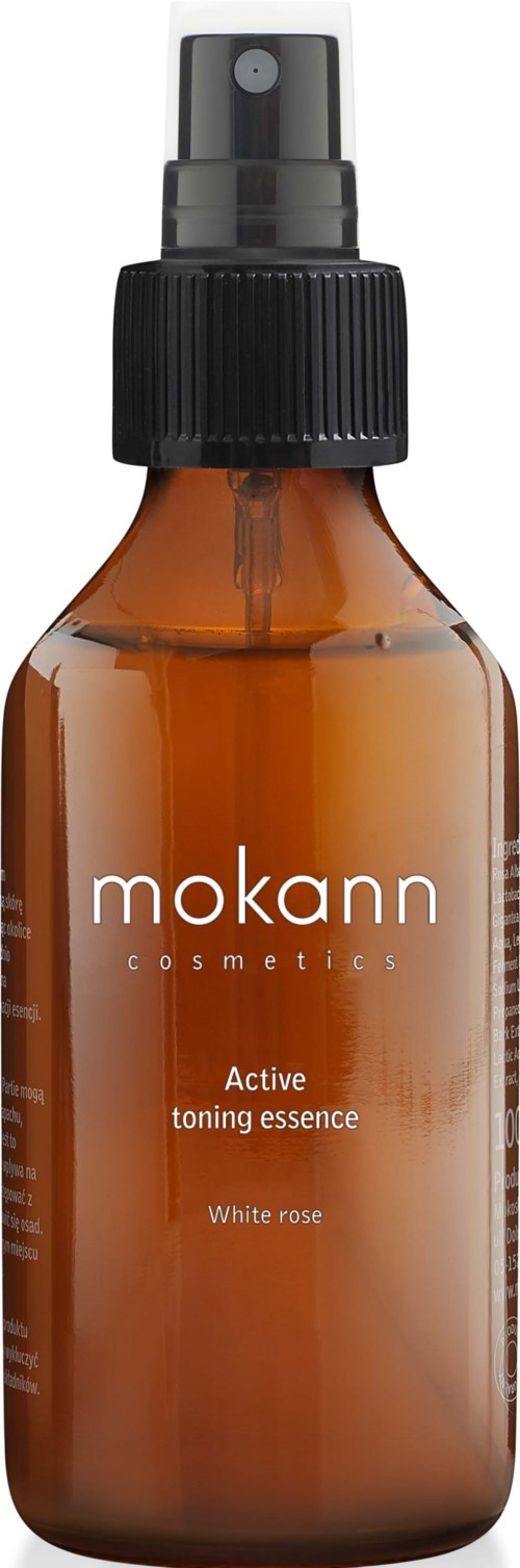 Tummanruskea suihkepullo, jossa lukee 'mokann cosmetics Active toning essence White rose'.