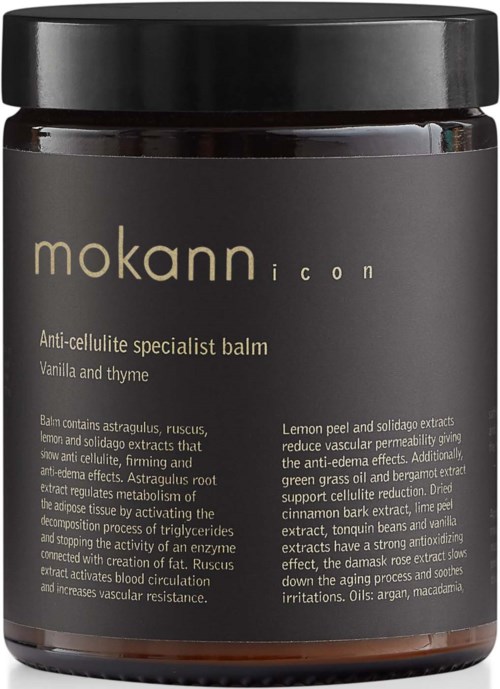 A dark jar labeled 'mokann icon' contains anti-cellulite balm with vanilla and thyme, described with ingredients and benefits.