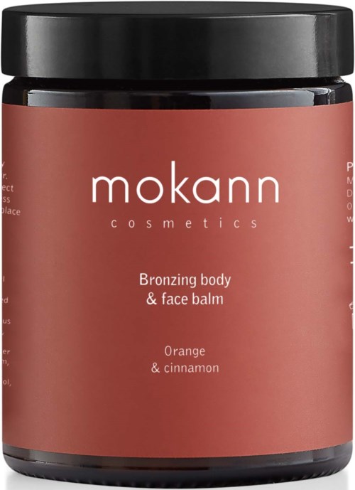 En krukke med bronzer til kroppen og ansiktet fra Mokann Cosmetics i lukt av appelsin og kanel.