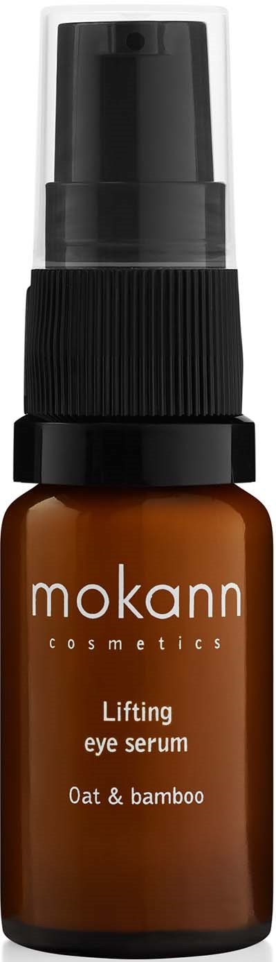 En liten brun flaske med svart pumpe, merket "Mokann cosmetics, Lifting eye serum, Oat & bamboo."