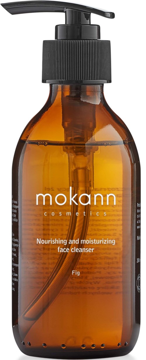 En brun flaske med pumpe, merket 'mokann cosmetics' og 'Nourishing and moisturizing face cleanser' med fiken.