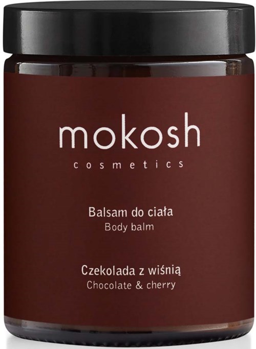 Czarny słoik z czekoladą i wiśnią, oznaczony 'mokosh cosmetics, body balm, chocolate & cherry' w języku angielskim i polskim.