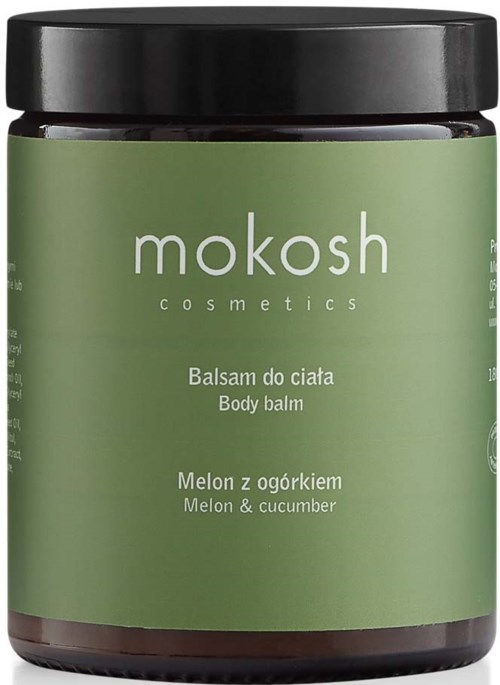 A dark jar with a green label that says 'body balm' and 'melon & cucumber' by Mokosh cosmetics.
