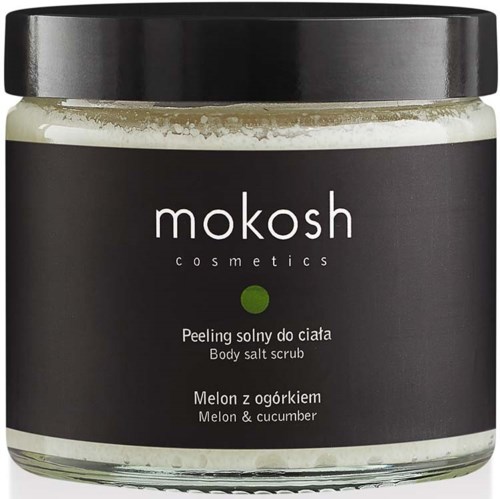 Black and clear jar with white contents, labeled as body salt scrub with melon and cucumber scent.