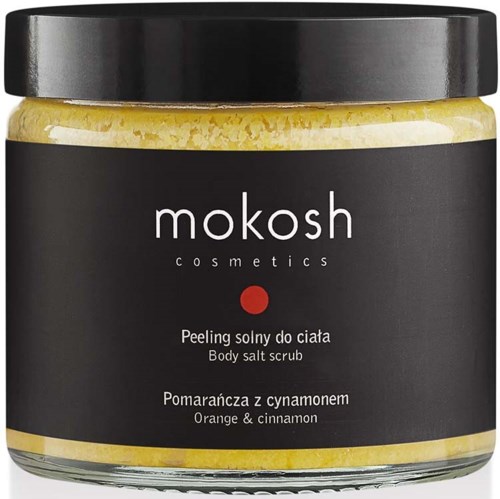 A jar of body salt scrub with orange and cinnamon scent from Mokosh Cosmetics.