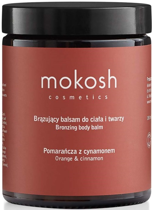 A brown jar of bronzing body balm with a black lid, labeled 'mokosh cosmetics' and scent 'Orange & cinnamon'.