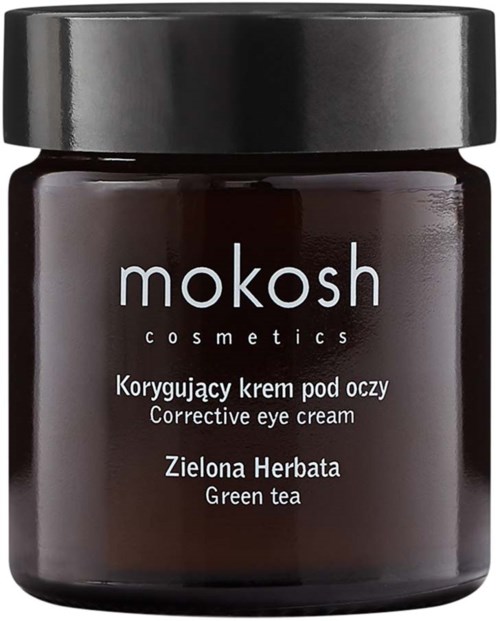 A dark brown jar of Mokosh cosmetics with a black lid, labeled as eye cream with green tea.