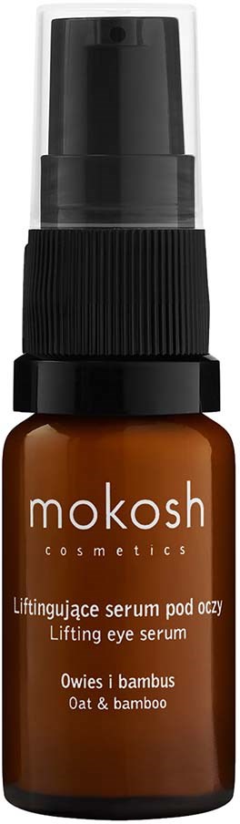 A small brown bottle with a black cap and clear pump, labeled 'Mokosh eye serum with oats and bamboo.'