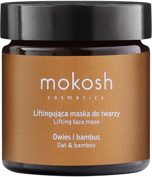 A brown jar with a black lid, labeled 'mokosh cosmetics' and 'lifting face mask'. It mentions oats and bamboo.
