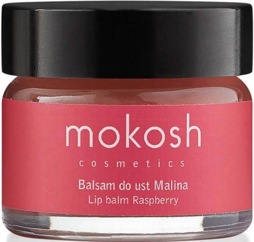 A small jar of raspberry lip balm from Mokosh Cosmetics with a black lid and pink label.