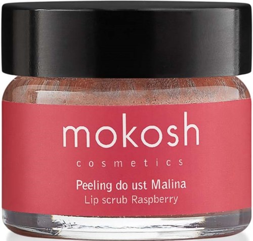Een klein potje met frambozen lip scrub van Mokosh Cosmetics met een roze label en zwarte dop.