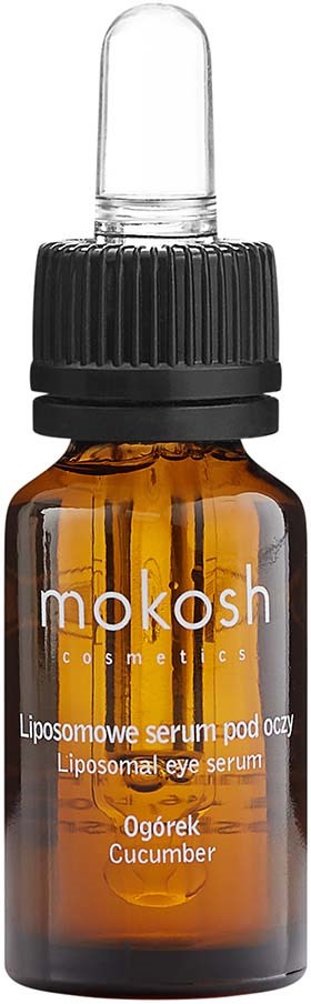 A small brown glass bottle with a dropper cap, labeled 'Liposome eye serum' with cucumber in Polish.