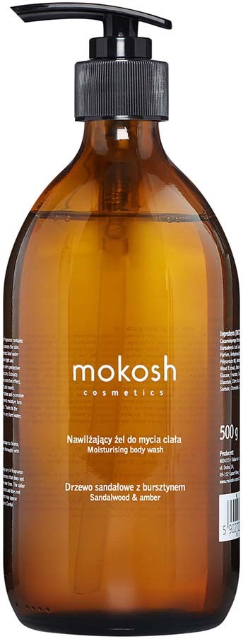 A brown bottle with a pump top contains moisturizing body wash called Mokosh. It has a sandalwood and amber scent. 500 ml.
