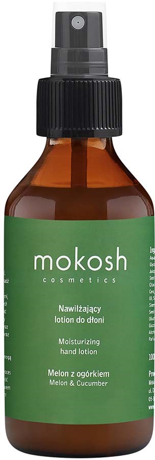 A small brown bottle with a black spray cap, labeled Mokosh, contains melon and cucumber hand lotion.