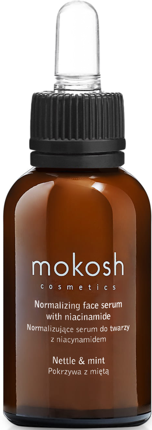 A brown dropper bottle labeled 'mokosh cosmetics', containing a face serum with niacinamide, for normalizing skin, mint scent.