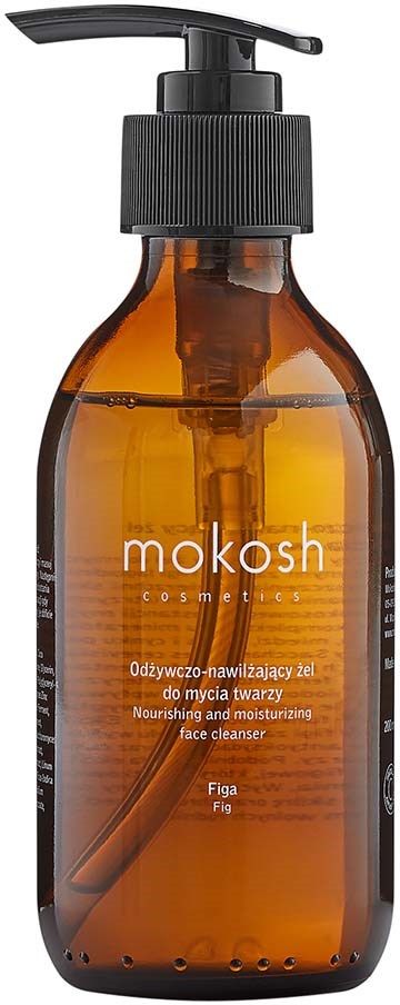 An orange-brown bottle with a black pump dispenser, labeled 'mokosh cosmetics' and 'nourishing face cleanser with fig.'