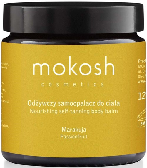 A yellow jar of self-tanning body balm by Mokosh Cosmetics, with black lid and Polish text label.