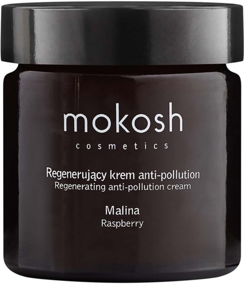 A black jar of Mokosh cosmetics, labeled as a regenerating anti-pollution cream with raspberry scent.