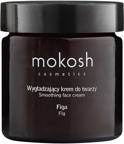 A dark jar of Mokosh face cream with the label 'Figa' and description in Polish and English.