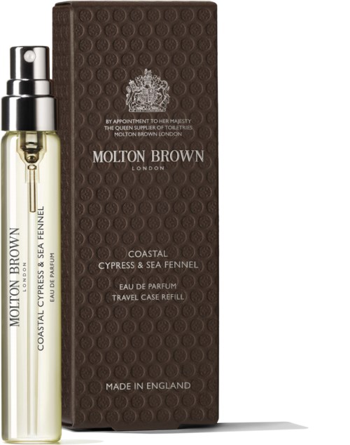 En parfymflaske og æske med brun emballage, mærke Molton Brown, duft er kystnær med havfennikel, rejsestørrelse.