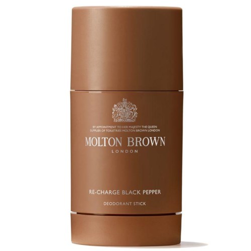 En brun deodorantstift med lock, märkt 'Molton Brown London' och 'Re-Charge Black Pepper.'