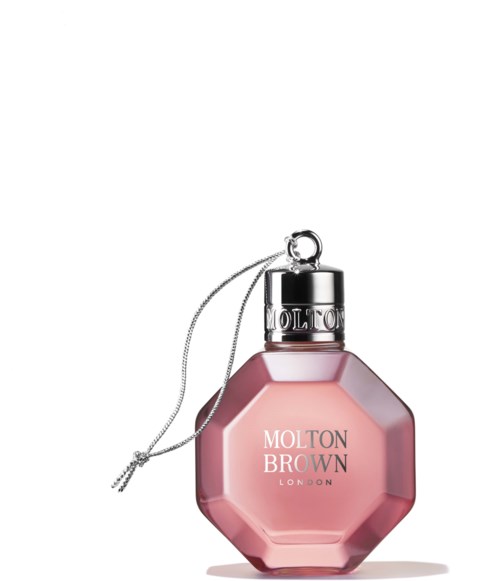 Vaaleanpunainen tuoksupullo, hopea- ja ketjulla, Molton Brown Londonilta.