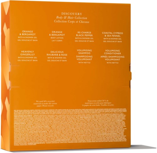 Orange låda med produktnamn och beskrivningar för kropps- och hårvårdsprodukter, mest duschgeler och schampon.