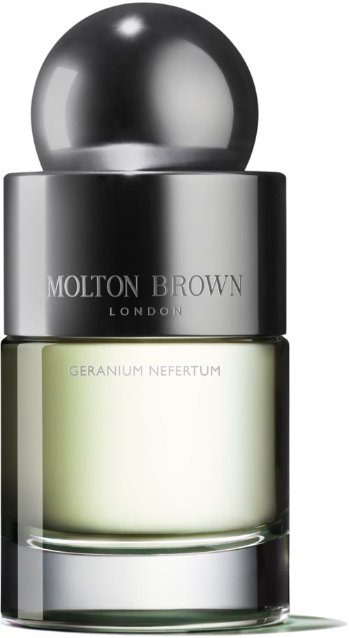 Hajuvesipullo, jossa pyöreä hopeanvärinen kansi ja vaaleanvihreä neste. Merkk Name Molton Brown London ja tuoksu Geranium Nefertum.