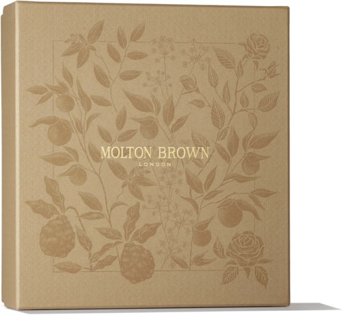 A beige box with a floral design and the words Molton Brown London written on it.