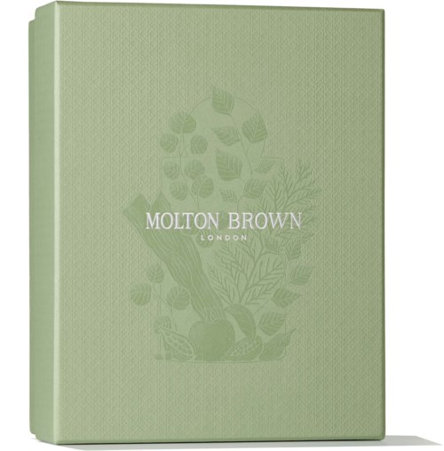 En grön bokomslag med växtillustrationer och texten Molton Brown London i mitten.