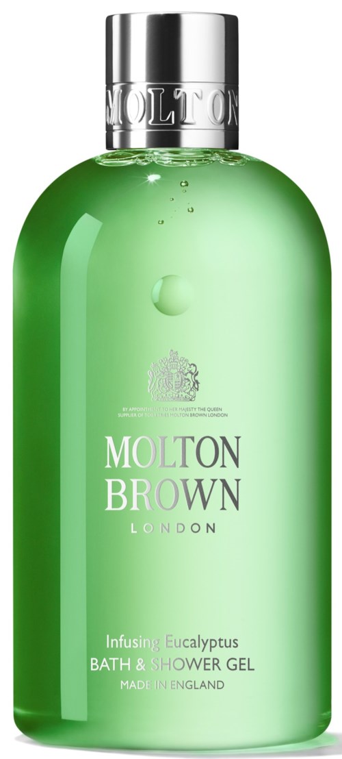 Grön flaska med Molton Brown eukalyptus bad- och duschgel med silverlock och märkesspecifikationer.