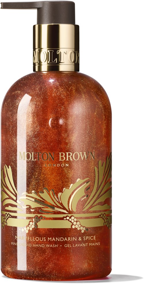 En brun håndvaskflaske med gulldetaljer og dekorative bladdesign, merket Molton Brown Mandarin & Spice.